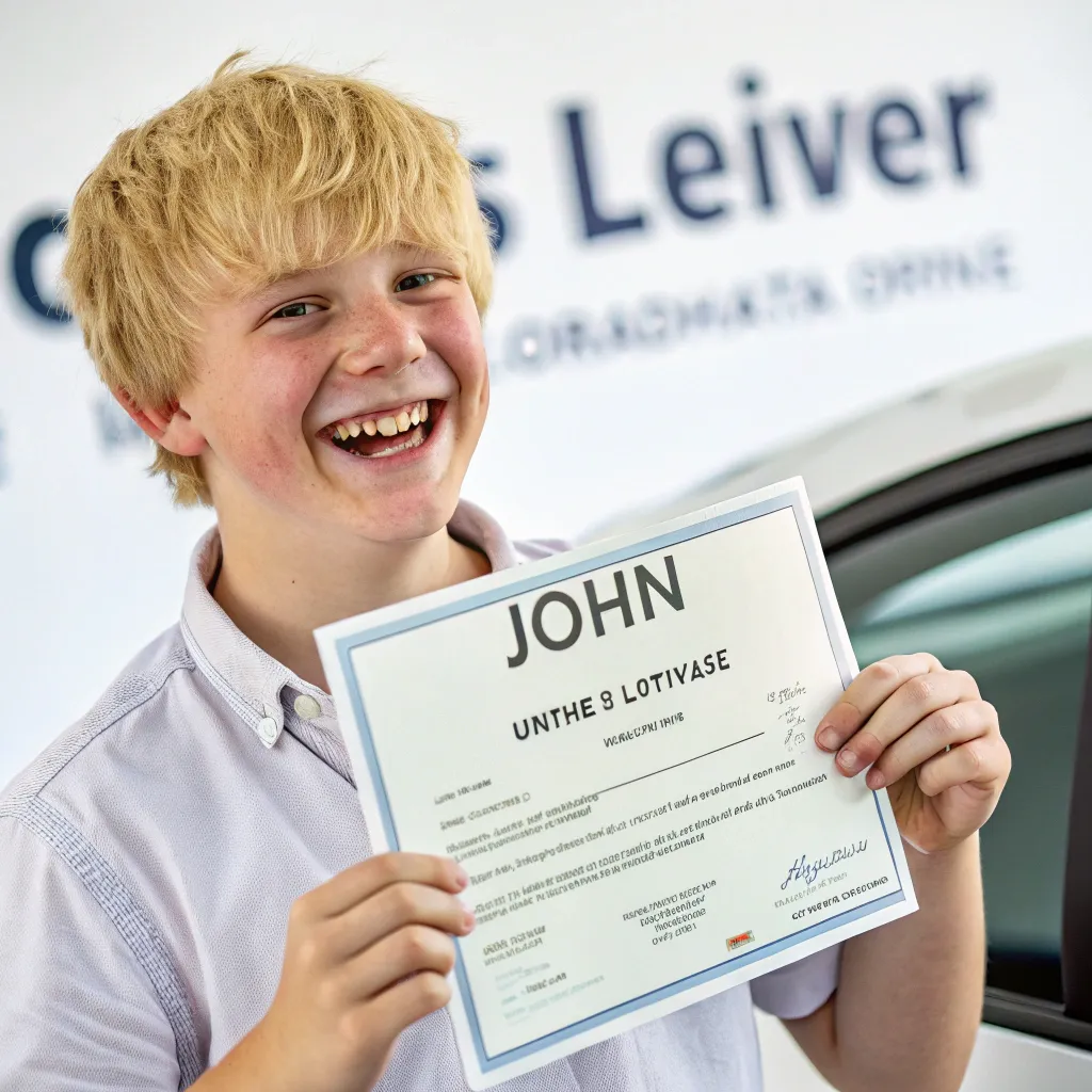 A happy student, John, with his driving certificate