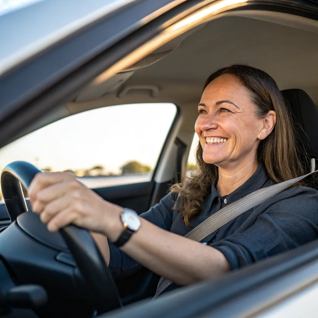 Sandra smiling after her successful driving lesson